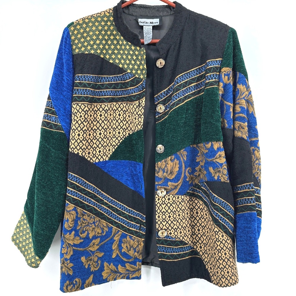 VTG Indigo Moon Patchwork Jacket Womens Large Art Lagenlook Tapestry Boho Whimsi - Picture 11 of 12
